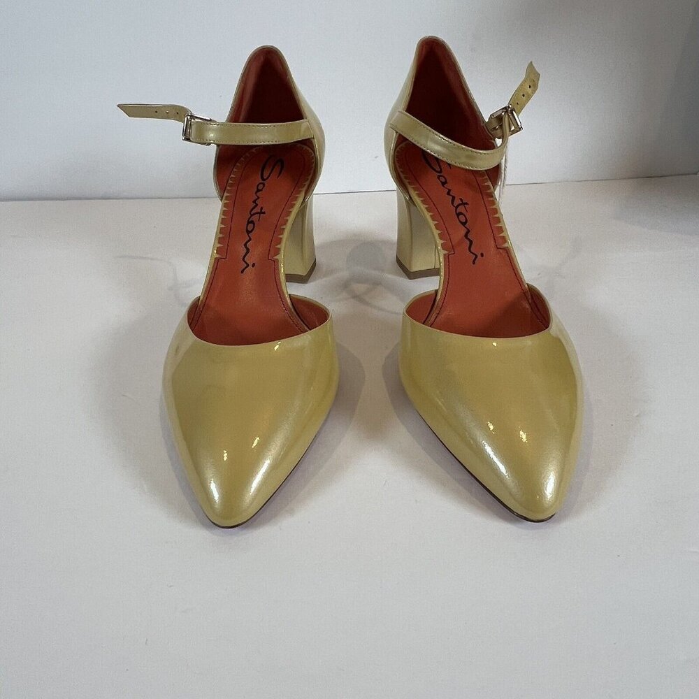 Santoni D'Orsay Block Heel Patent Yellow Gold Ankle Strap 39